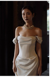 Chic Sheath Off The Shoulder Satin Long Wedding Dresses With Ruffles HZ1024
