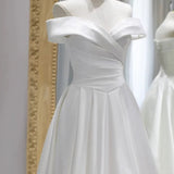 Classy A line Off The Shoulder Short Sleeves Floor Length Satin Wedding Dresses HZ1024