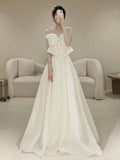 Timeless A line Strapless Long Satin White Wedding Dresses With Bow HZ1024