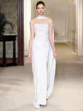 Unique Sheath Strapless Satin Slit White Wedding Dresses With Ribbon HZ1024