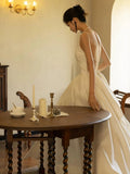Unique Ball Gown Scoop Satin Backless Long White Wedding Dresses HZ1024