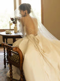 Unique Ball Gown Scoop Satin Backless Long White Wedding Dresses HZ1024