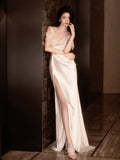 Unique Sheath Straps Satin Long White Slit Pearls Wedding Dresses HZ1024