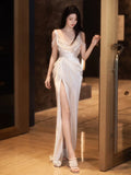 Unique Sheath Straps Satin Long White Slit Pearls Wedding Dresses HZ1024