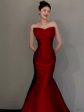 Simple Mermaid Strapless Red Satin Long Prom Dresses HZ1024