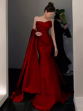 Simple Mermaid Strapless Red Satin Long Prom Dresses HZ1024