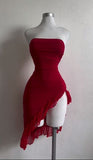 Simple Sheath Strapless Red Knee Length Chiffon Homecoming Dresses HZ1024