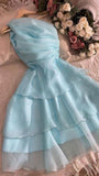 Simple A line One Shoulder Blue Short Ruffles Homecoming Dresses HZ1024