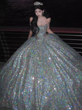Luxury Ball Gown Strapless Sleeveless Silver Sequin Wedding Dress HZ1024