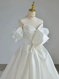 Simple Ball Gown Sweetheart Satin Long White Wedding Dresses With Bow HZ1024
