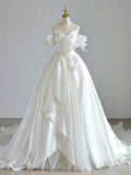 Simple Ball Gown Sweetheart Satin Long White Wedding Dresses With Bow HZ1024