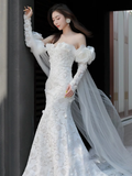 Luxury Mermaid Off The Shoulder Neckline Long Sleeves Lace White Wedding Dress HZ1024