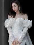 Luxury Mermaid Off The Shoulder Neckline Long Sleeves Lace White Wedding Dress HZ1024