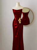Simple Mermaid Strapless Red Sequin Long Prom Dresses HZ1024