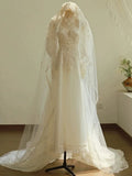 Chic A line Scoop White Long Puffy Sleeves Lace Wedding Dresses With Appliques HZ1024
