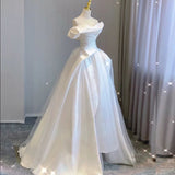 Sexy Ball Gown Off The Shoulder Satin Long White Wedding Dresses With Ruffles HZ1024