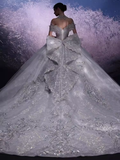 Luxury Ball Gown Off The Shoulder Neckline Short Sleeves Sequin Wedding Dress HZ1024