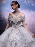 Luxury Ball Gown Off The Shoulder Neckline Short Sleeves Sequin Wedding Dress HZ1024