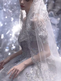 Luxury Ball Gown Off The Shoulder Neckline Short Sleeves Sequin Wedding Dress HZ1024
