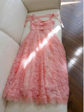 Elegant A line Straps Pink Lace Prom Dresses Sexy Evening Dress With Bows HZ1024