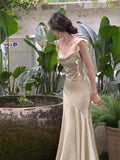Simple Sheath Straps Sleeveless Silk Satin Sage Green Prom Dress Evening Dresses HZ1024