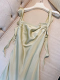 Simple Sheath Straps Sleeveless Silk Satin Sage Green Prom Dress Evening Dresses HZ1024