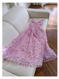 Modest A line Straps Sleeveless Pink Tulle Flowers Prom Dress Evening Dresses HZ1024