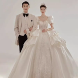 Luxury Ball Gown Square Neckline Short Sleeves Lace White Wedding Dress HZ1024
