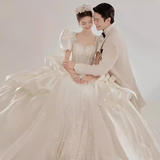 Luxury Ball Gown Square Neckline Short Sleeves Lace White Wedding Dress HZ1024