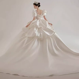 Luxury Ball Gown Square Neckline Short Sleeves Lace White Wedding Dress HZ1024