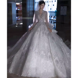 Luxury Ball Gown V Neckline Long Sleeves Lace Wedding Dress HZ1024