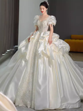 Unique Ball Gown Puffy Sleeves Lace Satin Wedding Dress HZ1024