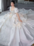 Unique Ball Gown Puffy Sleeves Lace Satin Wedding Dress HZ1024