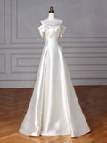 Timeless A-Line Off Shoulder Satin Wedding Dresses With Ruffles HZ1024