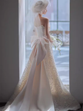 Unique A line Strapless Satin Long Wedding Dress With Bowknot HZ1024