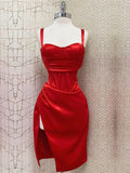 Sexy Sheath Straps Red Knee Length Slit Homecoming Dresses Cocktail Dress HZ1024
