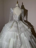 Fairytale Ball Gown High Neckline Tulle Sequin Long Wedding Dresses HZ1024