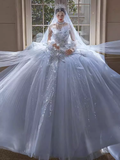 Fairytale Ball Gown Strapless Tulle Sequin Long Wedding Dresses HZ1024