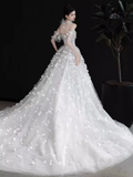 Princess Ball Gown Off The Shoulder Tulle Flowers Long Wedding Dresses HZ1024