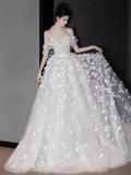 Princess Ball Gown Off The Shoulder Tulle Flowers Long Wedding Dresses HZ1024