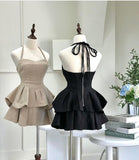 Cute A line Halter Black Ruffles Short Homecoming Dresses HZ1024