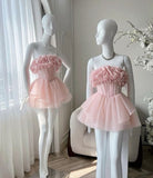 Sexy A line Strapless Ruffles Pink Homecoming Dress Short Birthday Outfits HZ1024