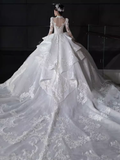 Elegant Ball Gown High neckline Long Sleeves Satin Wedding Dresses HZ1024