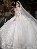 Elegant Ball Gown High neckline Long Sleeves Satin Wedding Dresses HZ1024