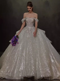 Elegant Ball Gown Off The Shoulder Sequin Short Sleeves Sequin Wedding Dresses HZ1024