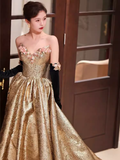 Modest A Line Strapless Satin Gold Long Prom Dresses HZ1024