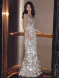 Modest Mermaid V Neckline Silver Sequin Slit Long Prom Dresses HZ1024