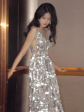 Modest Mermaid V Neckline Silver Sequin Slit Long Prom Dresses HZ1024