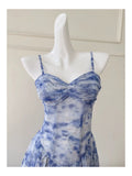 Pretty A Line Spaghetti Straps Chiffon Floral Blue Prom Dress Evening Dresses HZ1024