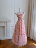 Modest A line Straps Pink Floral Prom Dress Formal Dresses HZ1024